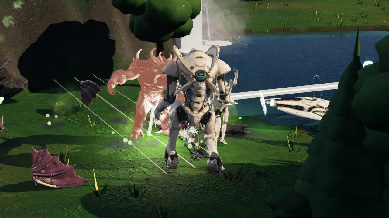 Bloom creatures and Lumen units beside a forest lake.