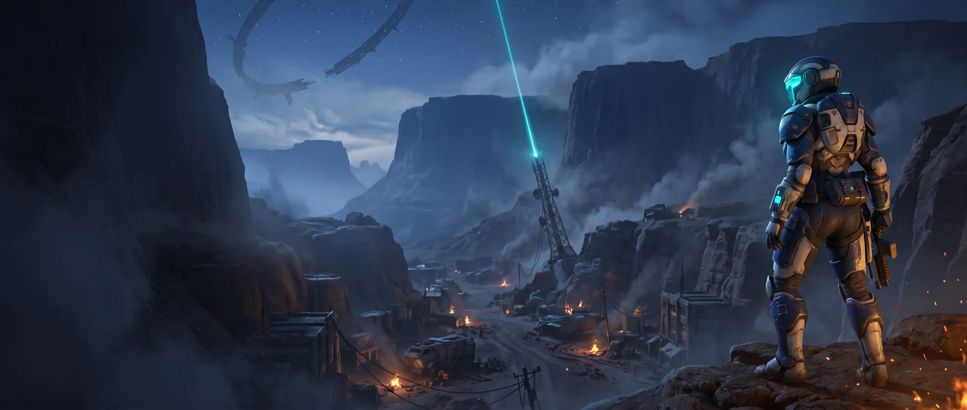 Campaign key art of a commander overlooking the silent Ashfall colony.