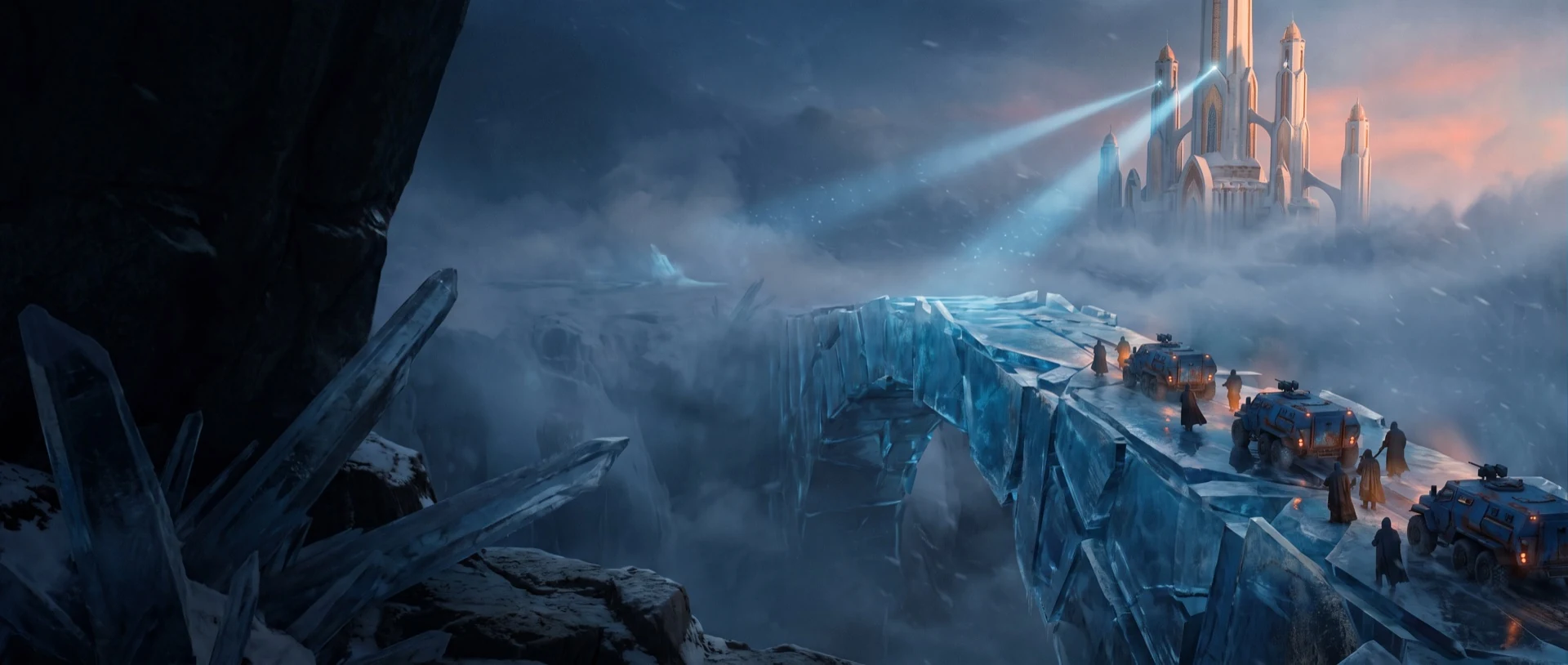 Campaign painting of an armored column defending a frozen bridge.