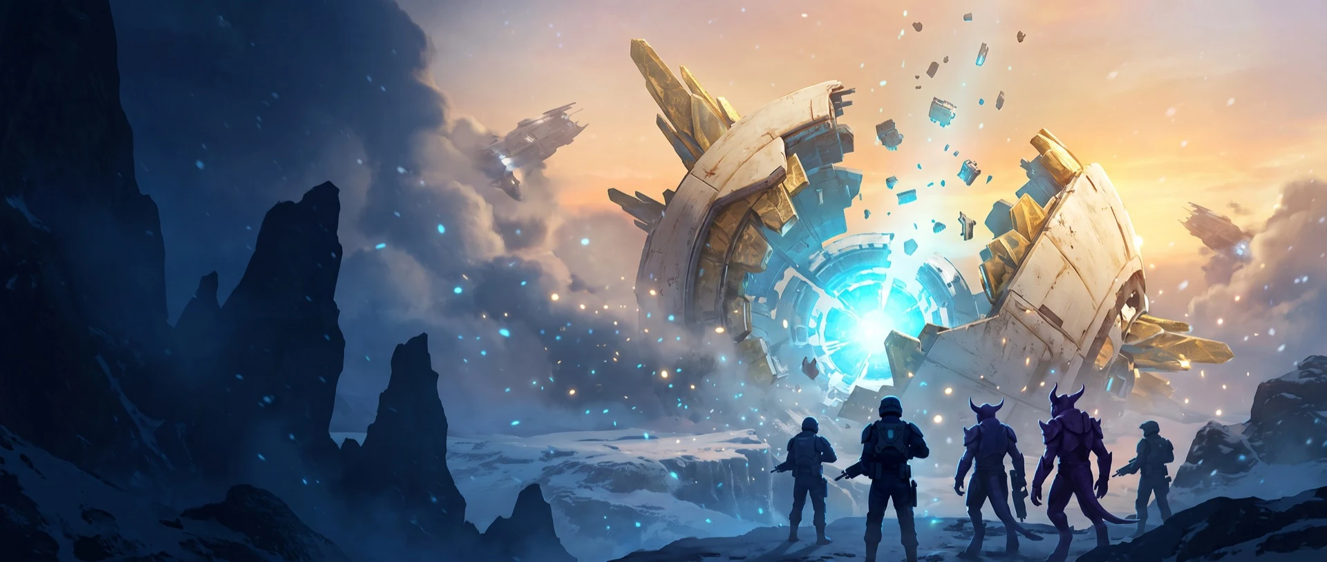 Campaign painting of an army facing a luminous alien structure at dawn.