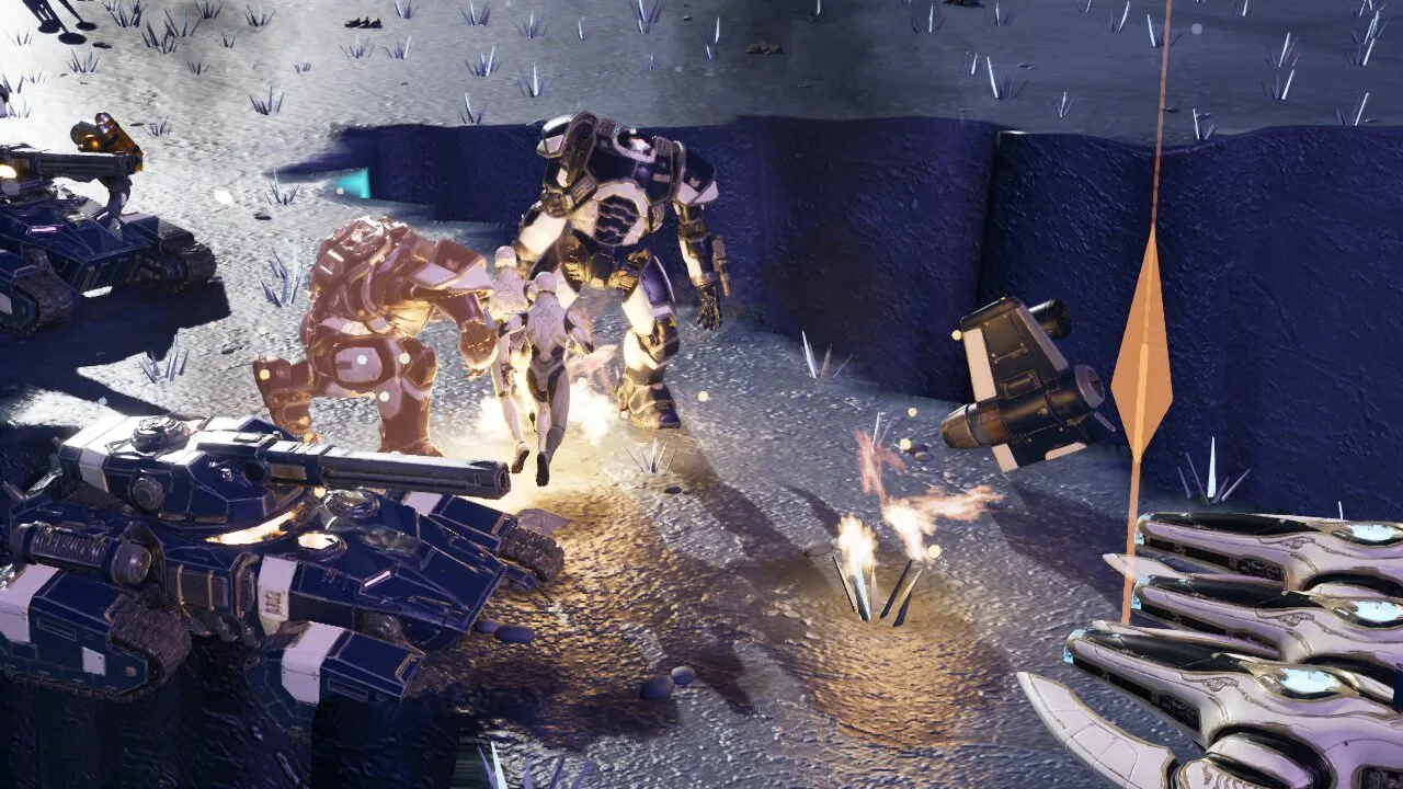 Lumen and Concord units fighting between violet crystal cliffs.