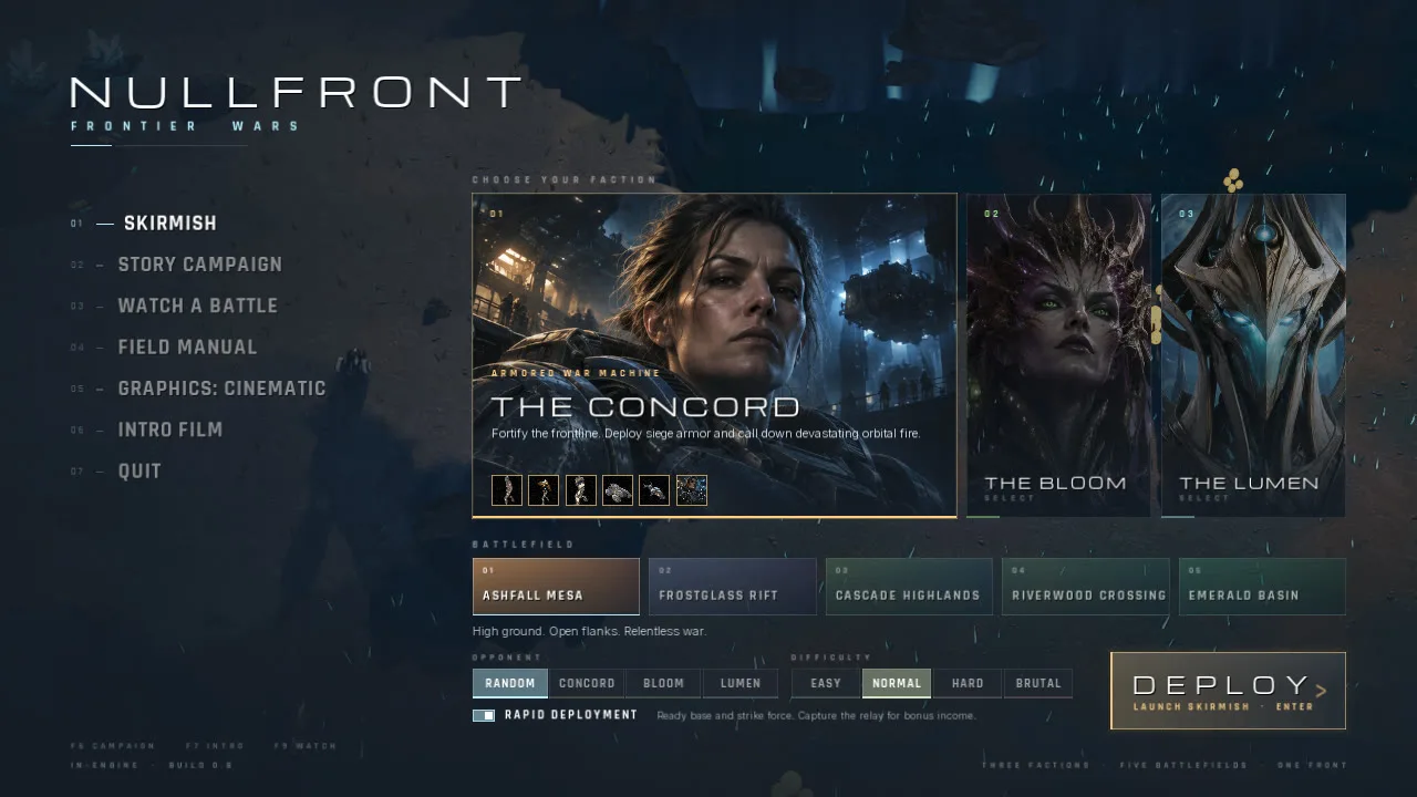The NULLFRONT 0.8 start screen with faction cards, battlefields and the Deploy button.